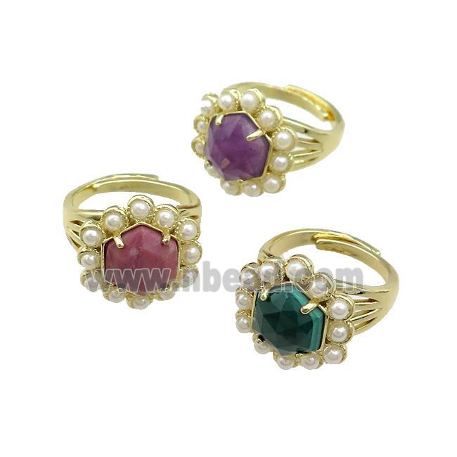 Copper Hexagon Rings Pave Gemstone Pearlized Resin Adjustable Gold Plated Mixed