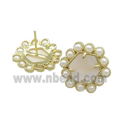 Copper Hexagon Stud Earrings Pave White Shell Pearlized Resin Gold Plated