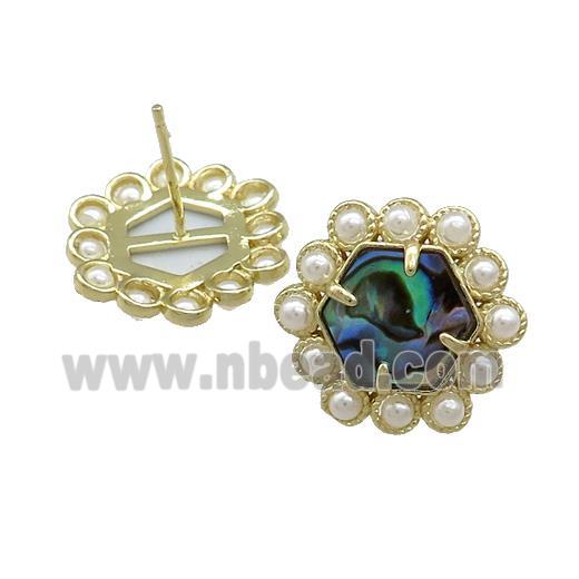Copper Hexagon Stud Earrings Pave Abalone Shell Pearlized Resin Gold Plated