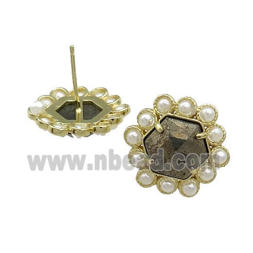 Copper Hexagon Stud Earrings Pave Pyrite Pearlized Resin Gold Plated