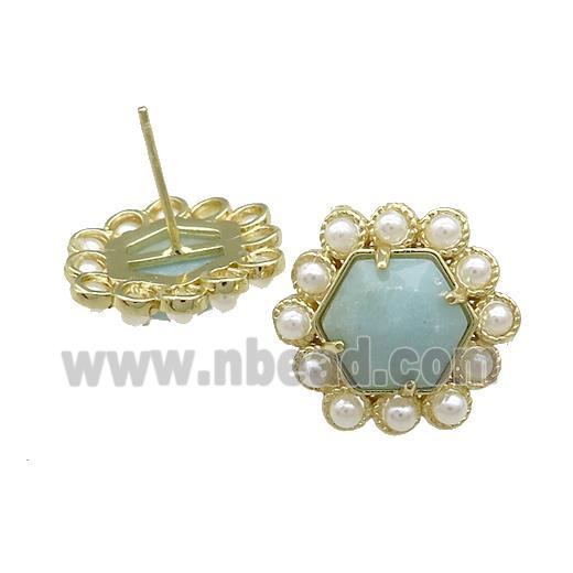 Copper Hexagon Stud Earrings Pave Blue Amazonite Pearlized Resin Gold Plated