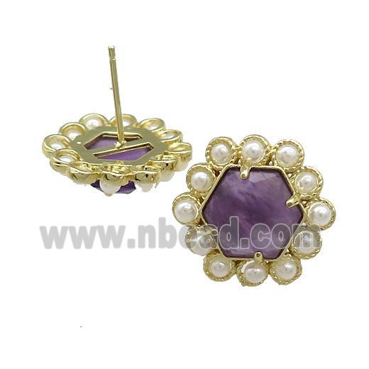 Copper Hexagon Stud Earrings Pave Amethyst Pearlized Resin Gold Plated