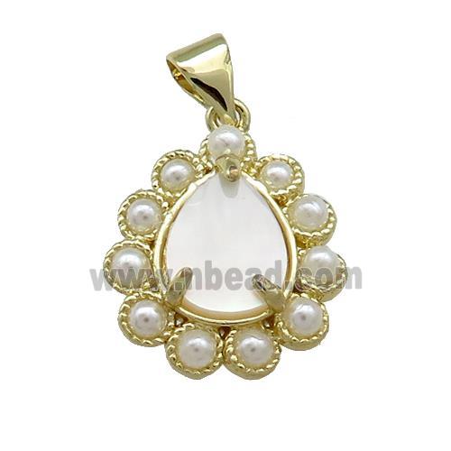 Copper Teardrop Pendant Pave White Shell Pearlized Resin Gold Plated