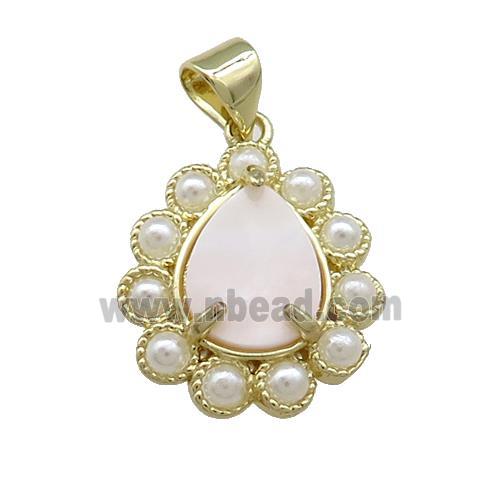 Copper Teardrop Pendant Pave Pink Queen Shell Pearlized Resin Gold Plated