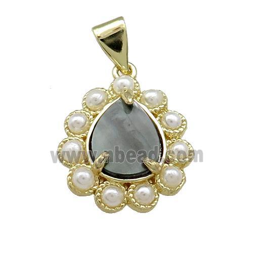 Copper Teardrop Pendant Pave Gray Abalone Shell Pearlized Resin Gold Plated