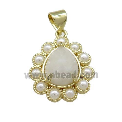 Copper Teardrop Pendant Pave White Moonstone Pearlized Resin Gold Plated