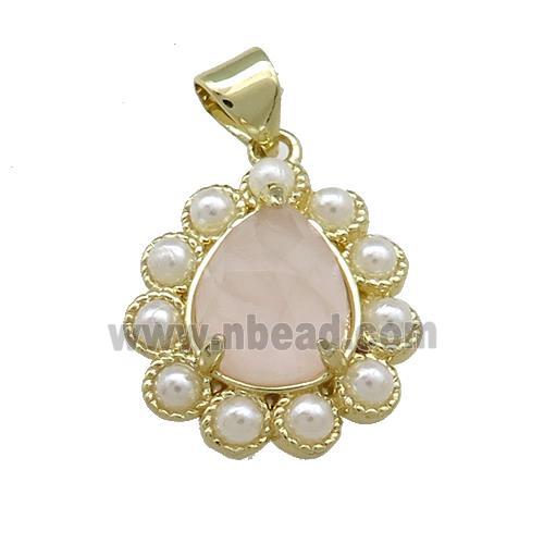 Copper Teardrop Pendant Pave Pink Rose Quartz Pearlized Resin Gold Plated