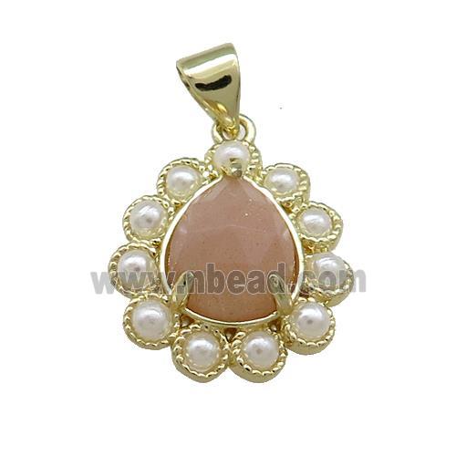 Copper Teardrop Pendant Pave Peach Sunstone Pearlized Resin Gold Plated