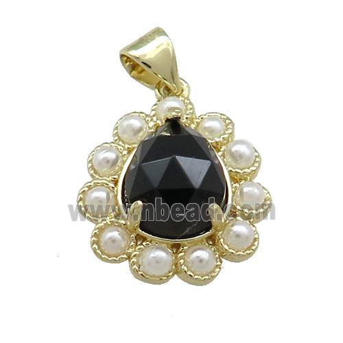 Copper Teardrop Pendant Pave Black Onyx Pearlized Resin Gold Plated