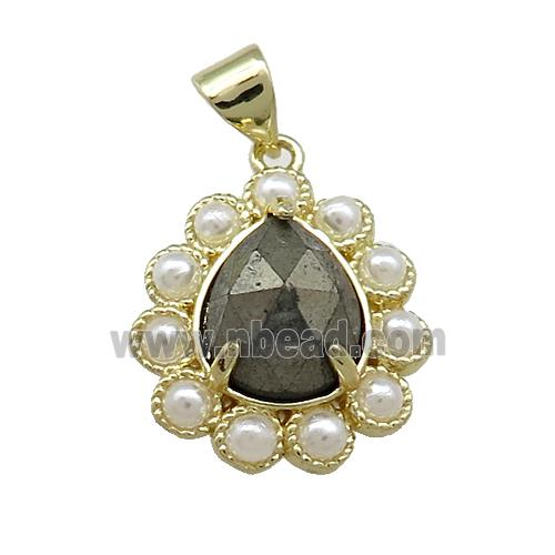 Copper Teardrop Pendant Pave Pyrite Pearlized Resin Gold Plated