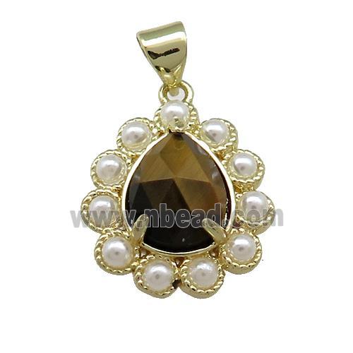 Copper Teardrop Pendant Pave Tiger Eye Stone Pearlized Resin Gold Plated