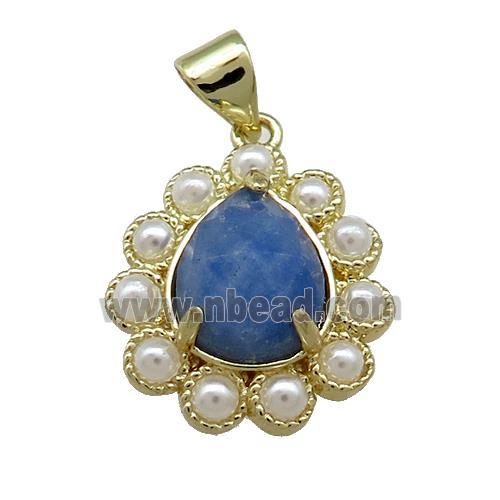 Copper Teardrop Pendant Pave Blue Aventurine Pearlized Resin Gold Plated
