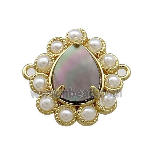 Copper Teardrop Connector Pave Gray Abalone Shell Pearlized Resin Gold Plated