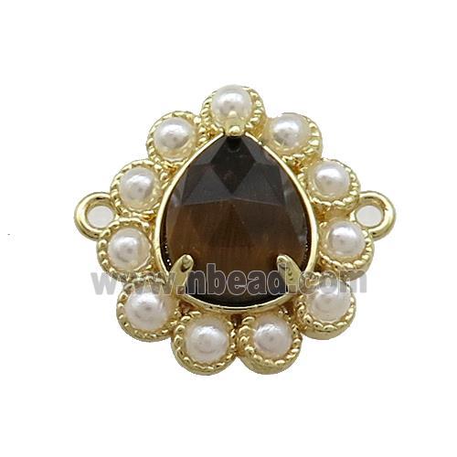 Copper Teardrop Connector Pave Tiger Eye Stone Pearlized Resin Gold Plated