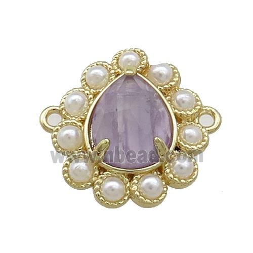 Copper Teardrop Connector Pave Amethyst Pearlized Resin Gold Plated