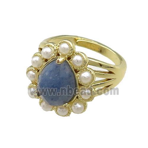 Copper Teardrop Rings Pave Blue Aventurine Pearlized Resin Adjustable Gold Plated