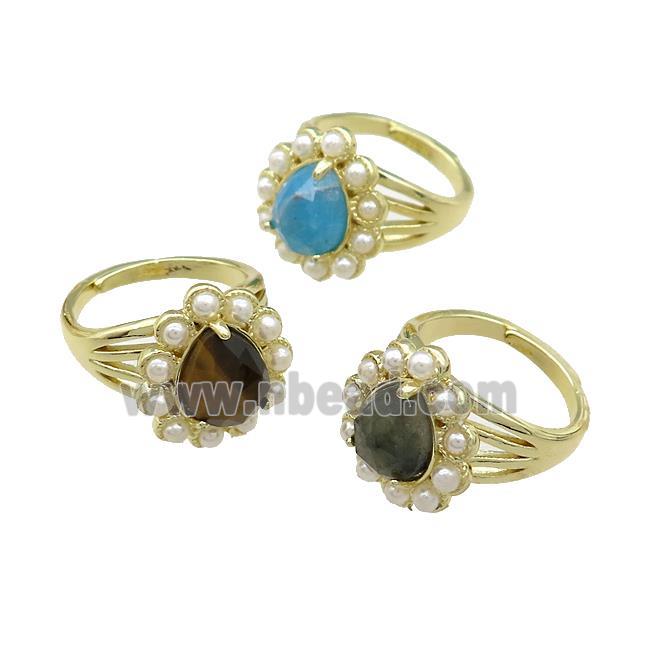 Copper Teardrop Rings Pave Gemstone Pearlized Resin Adjustable Gold Plated Mixed