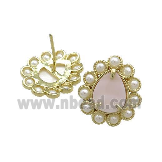 Copper Teardrop Stud Earrings Pave Pink Queen Shell Pearlized Resin Gold Plated