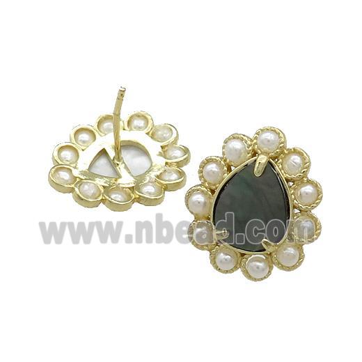 Copper Teardrop Stud Earrings Pave Gray Abalone Shell Pearlized Resin Gold Plated