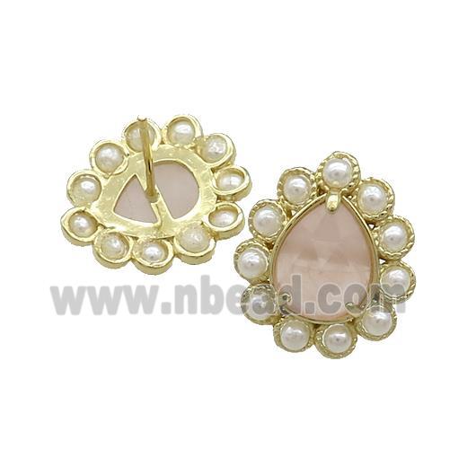Copper Teardrop Stud Earrings Pave Rose Quartz Pearlized Resin Gold Plated