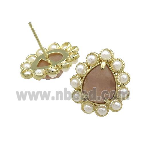Copper Teardrop Stud Earrings Pave Peach Sunstone Pearlized Resin Gold Plated