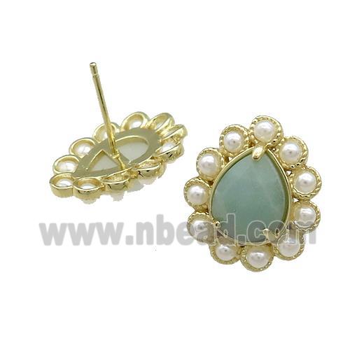 Copper Teardrop Stud Earrings Pave Blue Amazonite Pearlized Resin Gold Plated