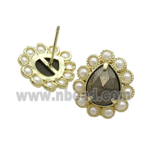 Copper Teardrop Stud Earrings Pave Pyrite Pearlized Resin Gold Plated