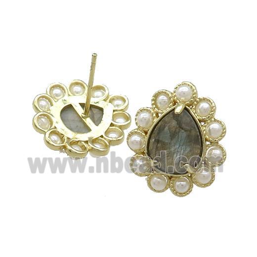 Copper Teardrop Stud Earrings Pave Labradorite Pearlized Resin Gold Plated