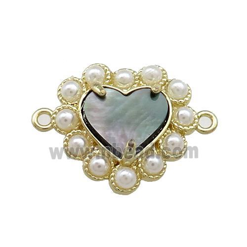 Copper Heart Connector Pave Gray Abalone Shell Pearlized Resin Gold Plated
