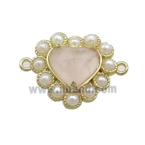 Copper Heart Connector Pave Rose Quartz Pearlized Resin Gold Plated