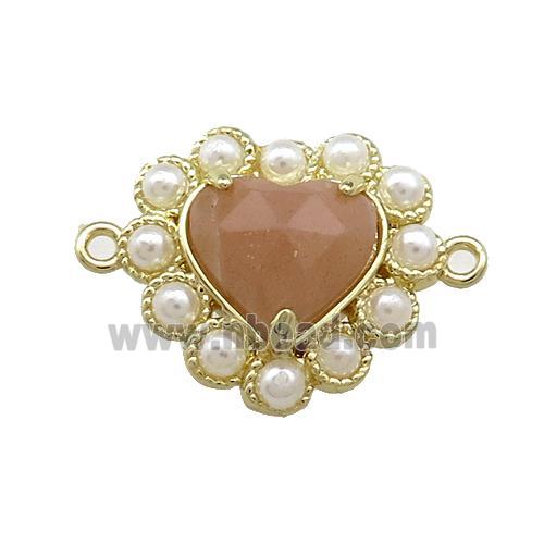 Copper Heart Connector Pave Peach Sunstone Pearlized Resin Gold Plated