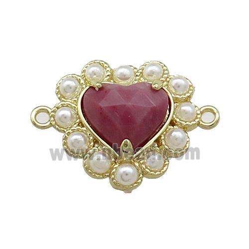 Copper Heart Connector Pave Pink Wood Lace Jasper Pearlized Resin Gold Plated