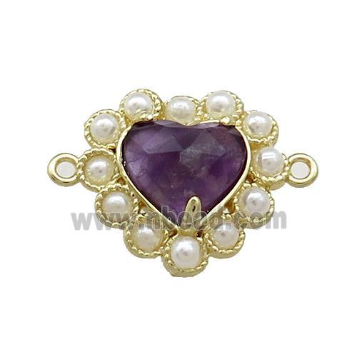Copper Heart Connector Pave Amethyst Pearlized Resin Gold Plated