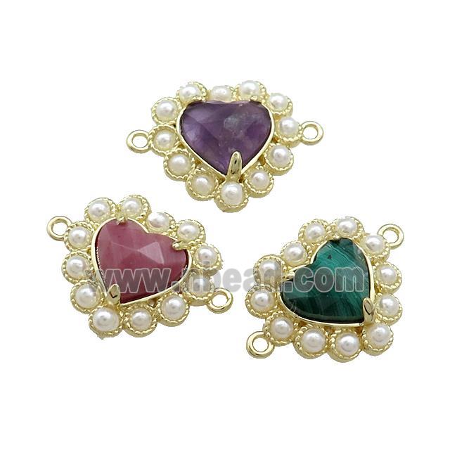 Copper Heart Connector Pave Gemstone Pearlized Resin Mixed Gold Plated