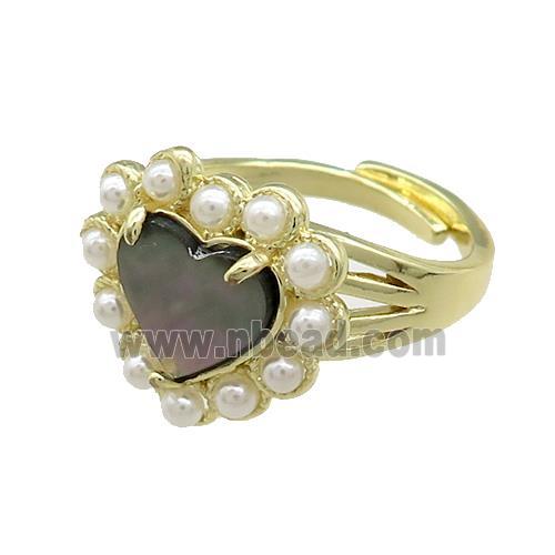 Copper Heart Rings Pave Gray Abalone Shell Pearlized Resin Adjustable Gold Plated