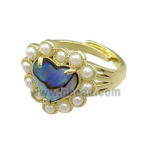 Copper Heart Rings Pave Abalone Shell Pearlized Resin Adjustable Gold Plated