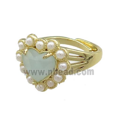 Copper Heart Rings Pave Amazonite Pearlized Resin Adjustable Gold Plated