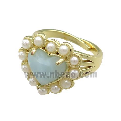 Copper Heart Rings Pave Blue Amazonite Pearlized Resin Adjustable Gold Plated