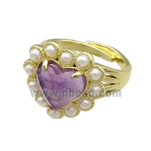 Copper Heart Rings Pave Amethyst Pearlized Resin Adjustable Gold Plated