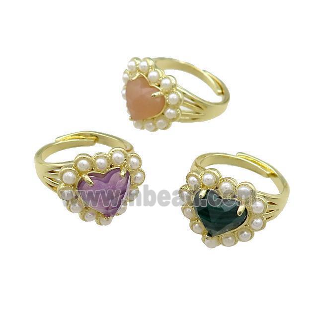 Copper Heart Rings Pave Gemstone Pearlized Resin Mixed Adjustable Gold Plated