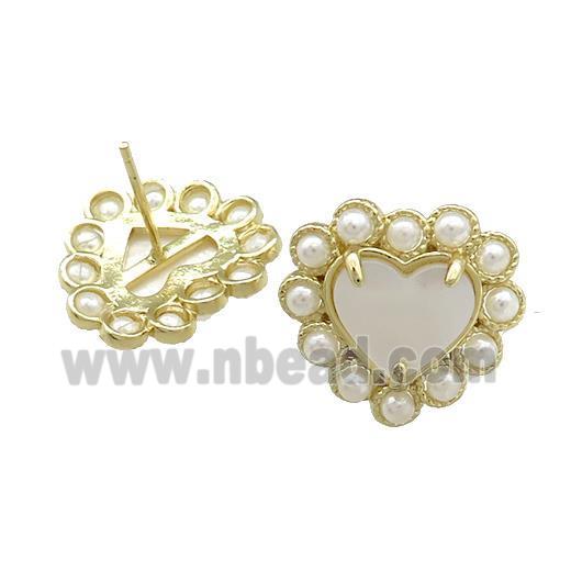 Copper Heart Stud Earring Pave White Shell Pearlized Resin Gold Plated