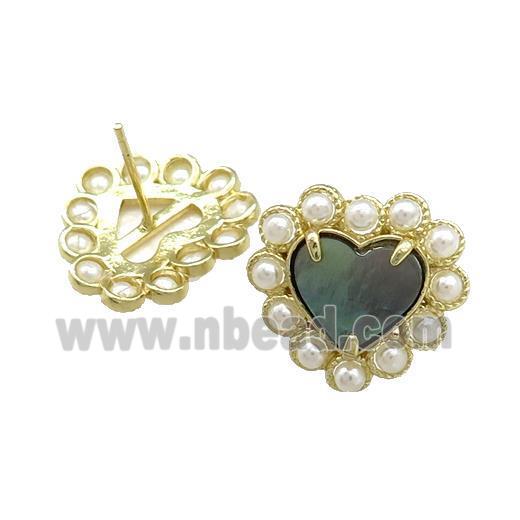 Copper Heart Stud Earring Pave Gray Abalone Shell Pearlized Resin Gold Plated
