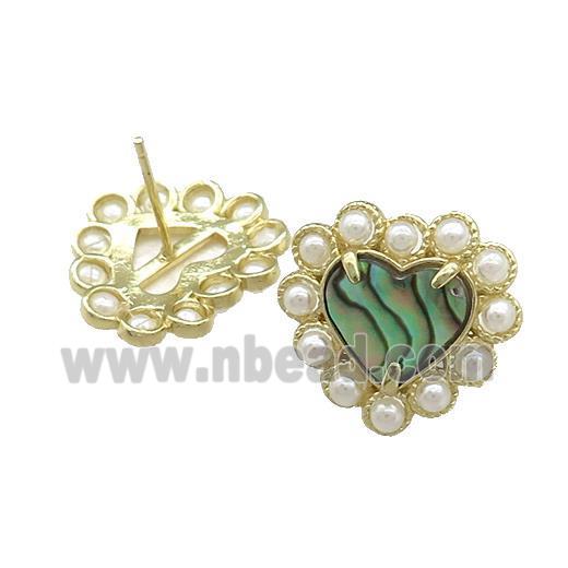 Copper Heart Stud Earring Pave Abalone Shell Pearlized Resin Gold Plated