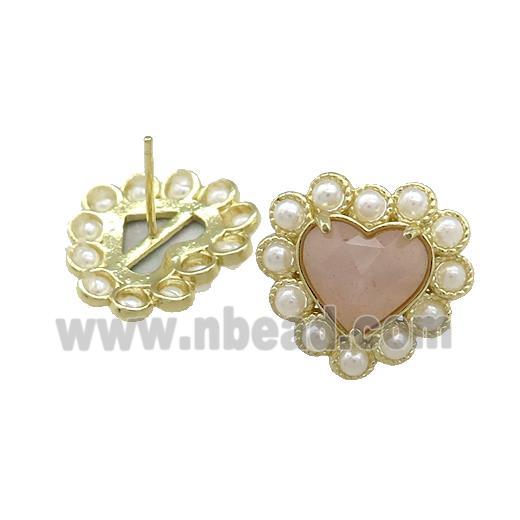 Copper Heart Stud Earring Pave Peach Sunstone Pearlized Resin Gold Plated