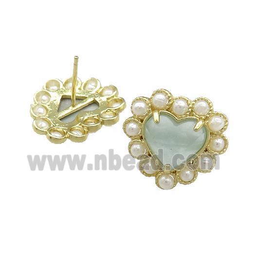 Copper Heart Stud Earring Pave Aquamarine Pearlized Resin Gold Plated