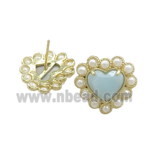 Copper Heart Stud Earring Pave Blue Amazonite Pearlized Resin Gold Plated