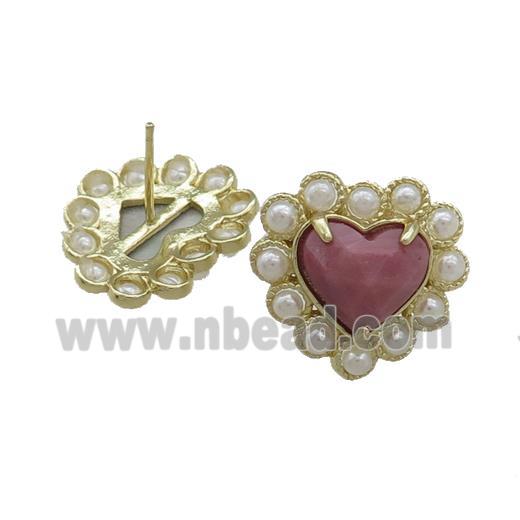 Copper Heart Stud Earring Pave Pink Wood Lace Jasper Pearlized Resin Gold Plated
