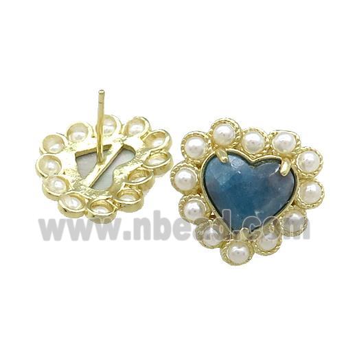 Copper Heart Stud Earring Pave Apatite Pearlized Resin Gold Plated