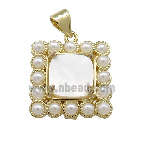 Copper Square Pendant Pave White Shell Pearlized Resin Gold Plated