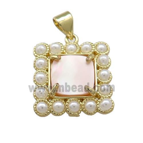 Copper Square Pendant Pave Pink Queen Shell Pearlized Resin Gold Plated